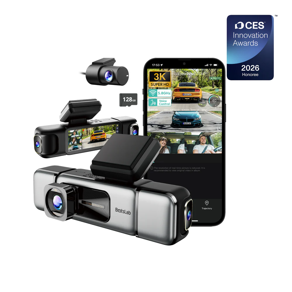 Botslab G980H Pro 4 Channel Dash Cam, 3K Front + 1080P Rear + Dual 1080P Side Cameras, 560° Full Coverage with ADAS, Night Vision, 24/7 Parking Mode, Sony Sensor, 3.18" Touch Screen, 5.8GHz WiFi, Built-in GPS, 128GB SD Card Included
