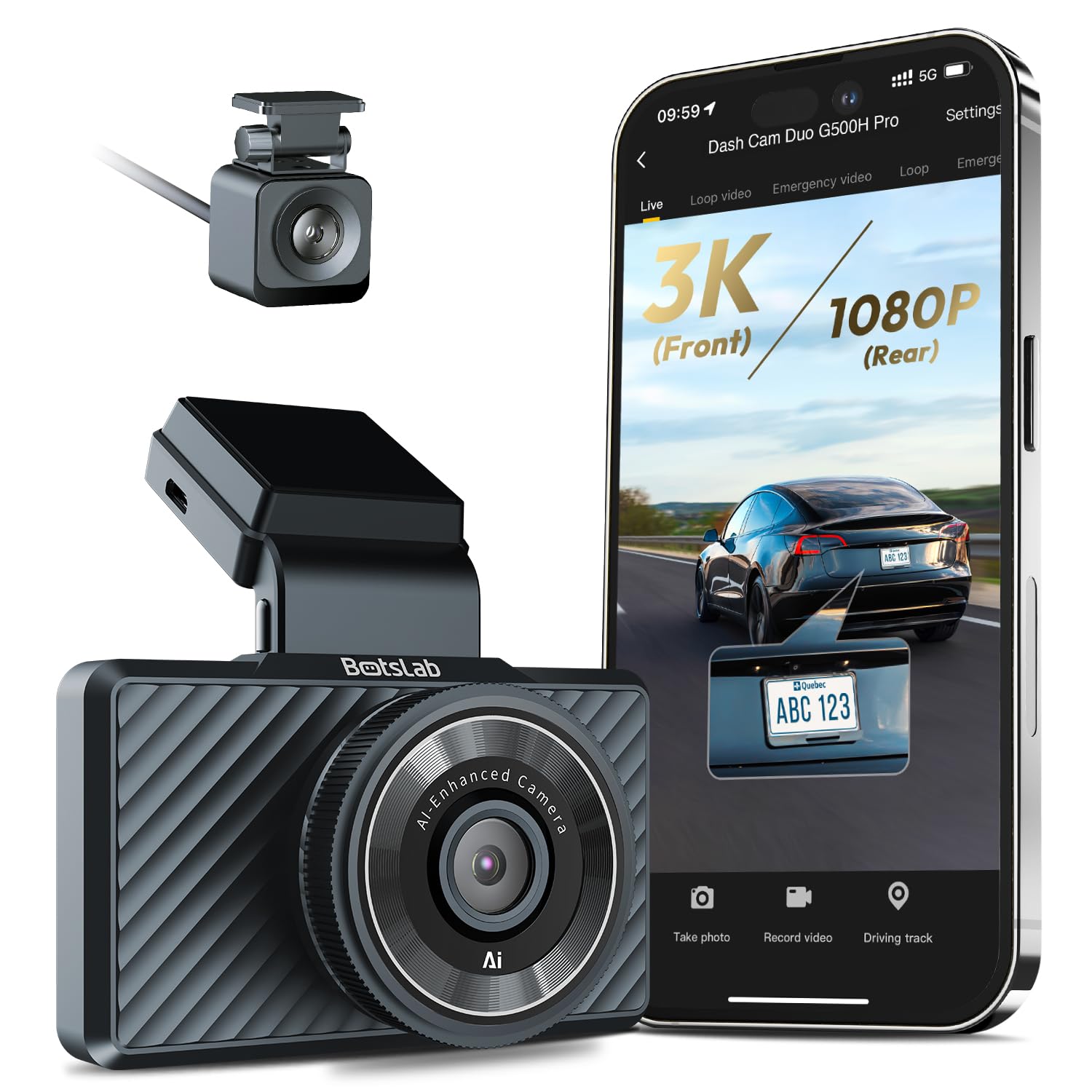 Botslab G500H Pro Dual Channel Car Dash Camera 3K, ADAS, 5MP STAVIS IMX335 Sensor, 140° Wide Viewing Angle, Built-in GPS Logger, 3” Display, Loop Recording, WiFi, Optional Parking Monitoring.