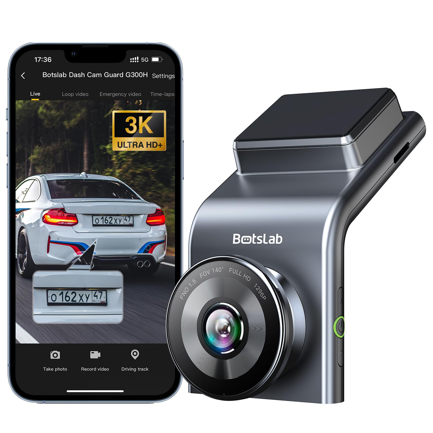 Botslab Dash Cam G300H Pro, 1296P Car DashCam, 140° Wide Angle Car Camera, Color Night Vision, Built in WiFi GPS, 24h Motion Detection Parking Mode, Emergency and Loop Recording
